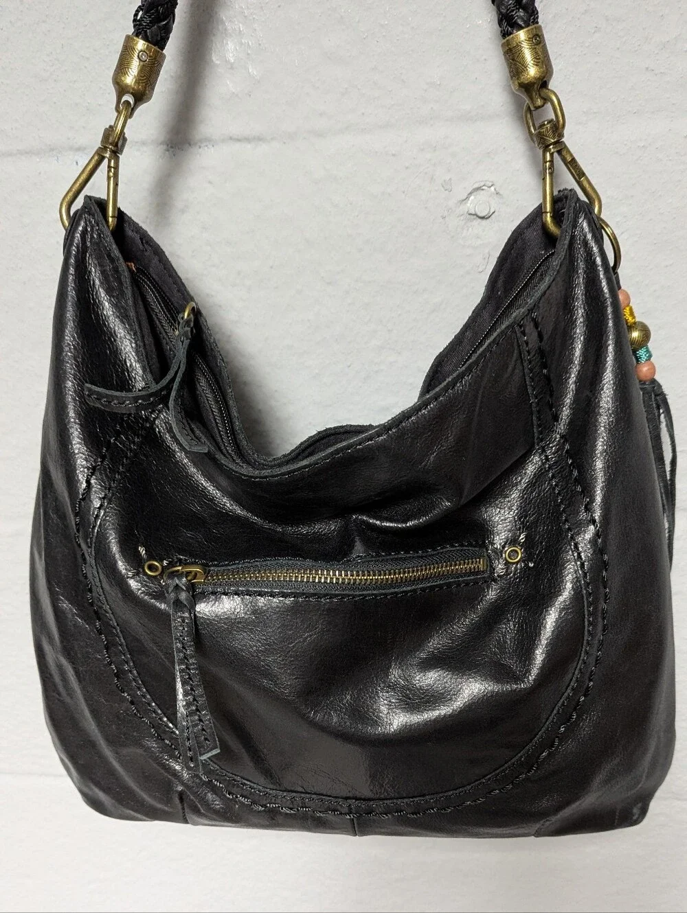 The Sak Black Shiny Leather Hobo Bag Braided Shoulder Strap
